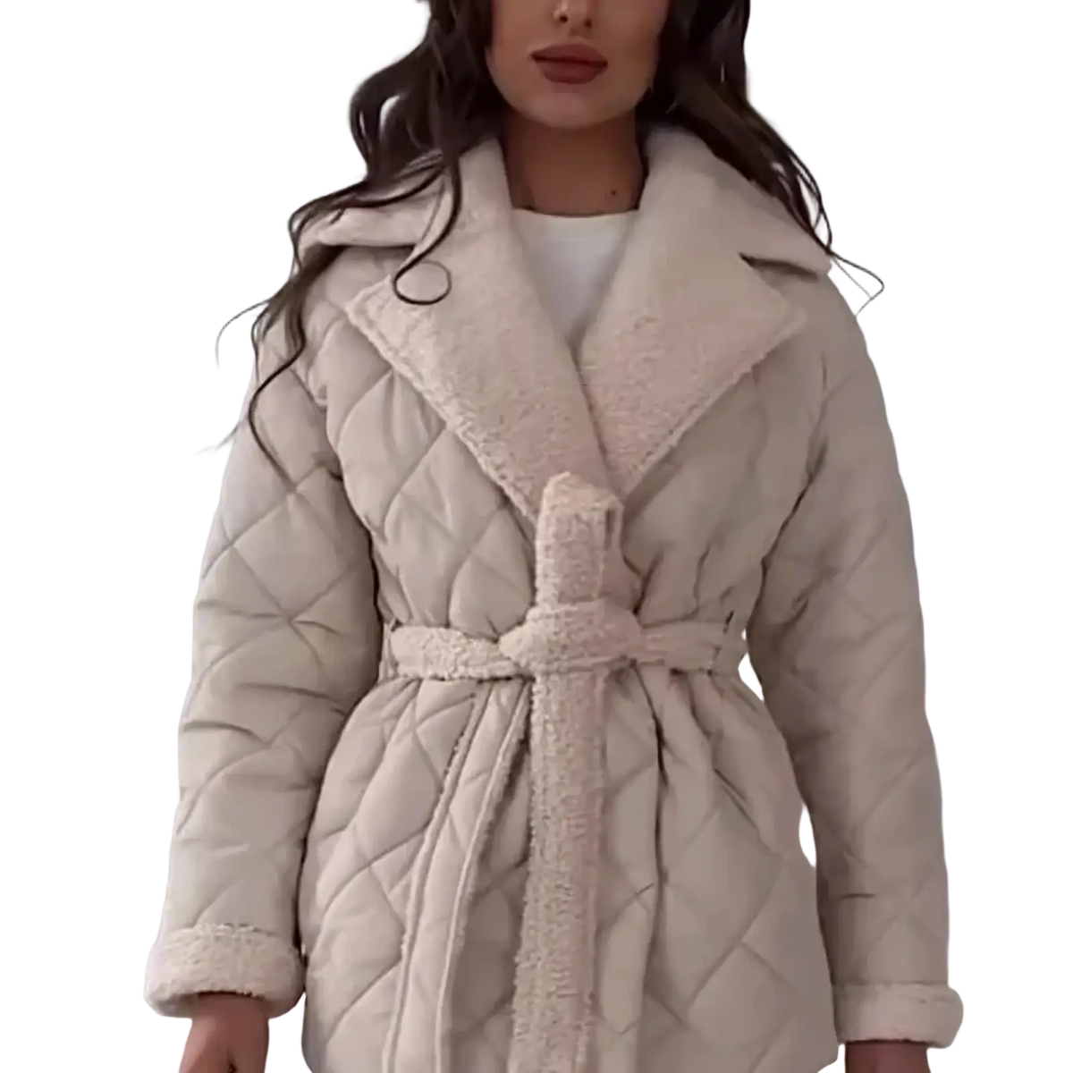Women quilted belted winter coat in cream color with plush fleece-lined collar and matching belt for cold weather use