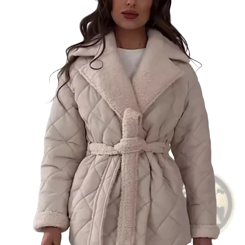 Women quilted belted winter coat in cream color with plush fleece-lined collar and matching belt for cold weather use