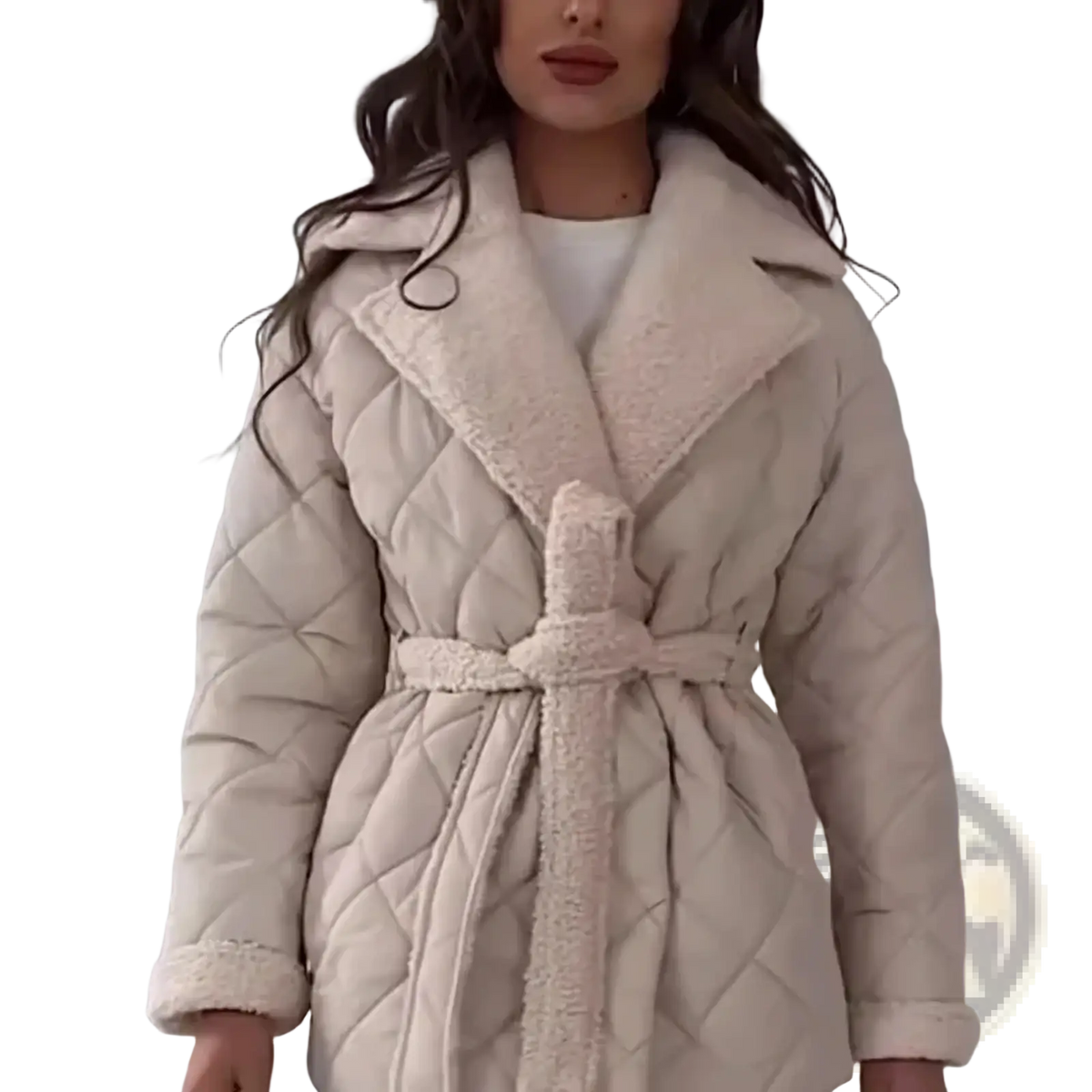 Women quilted belted winter coat in cream color with plush fleece-lined collar and matching belt for cold weather use