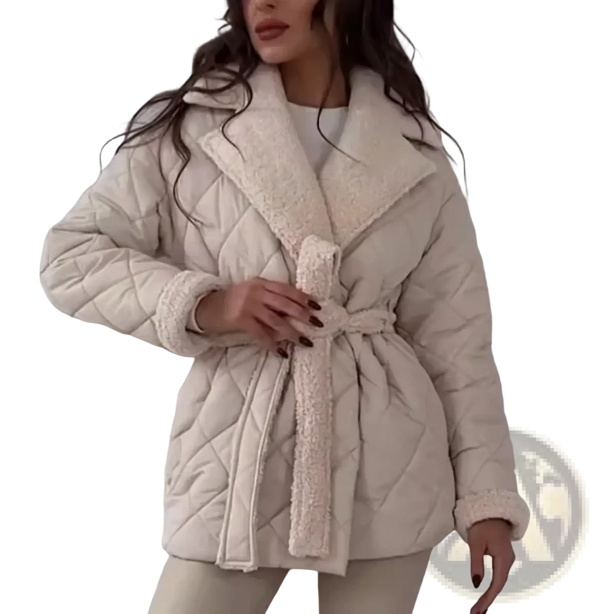 Cream-colored women quilted belted winter coat with plush textured shearling collar and cuffs
