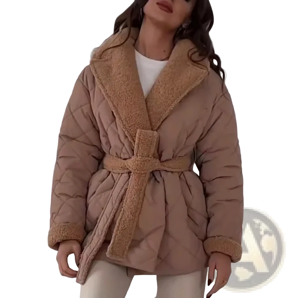 Beige women quilted belted winter coat with plush shearling collar and cuffs for cold weather comfort