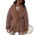 Beige women quilted belted winter coat with plush shearling collar and cuffs for cold weather comfort