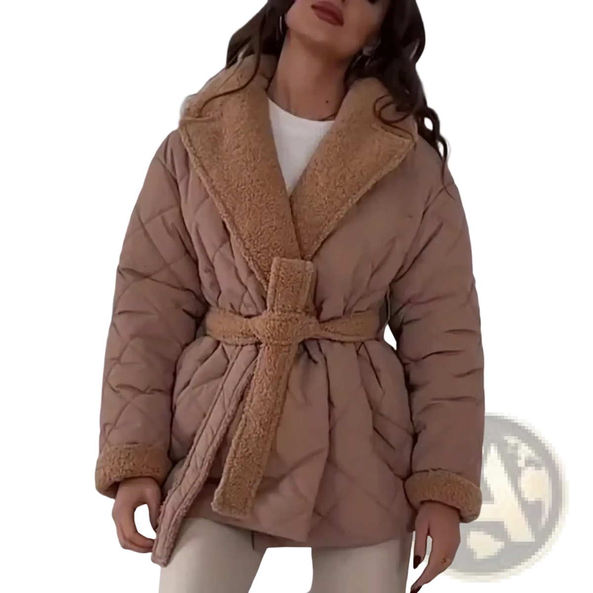 Beige women quilted belted winter coat with plush shearling collar and cuffs for cold weather comfort