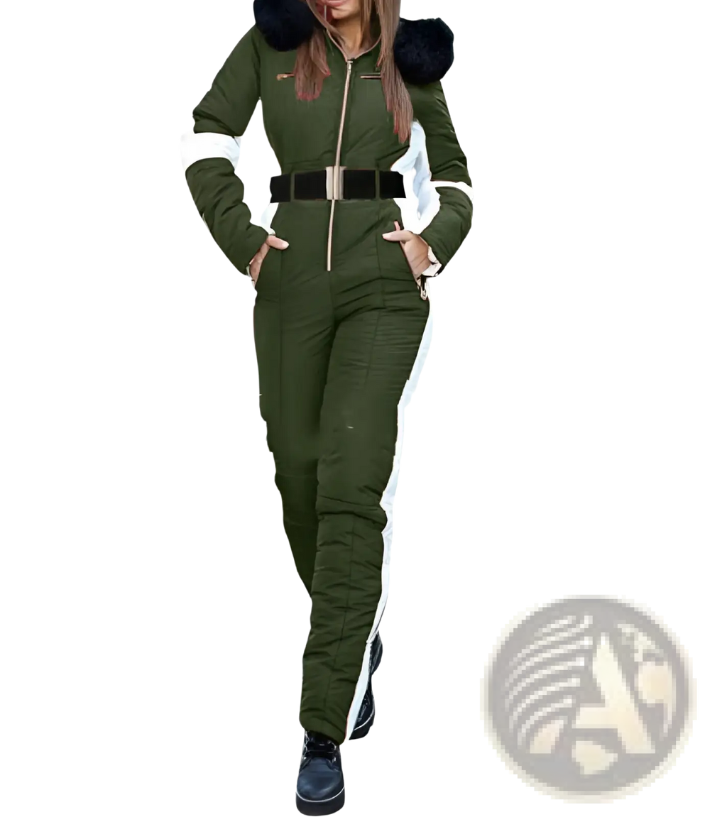 Women quilted fur hood ski jumpsuit in olive green and white with black fur-trimmed hood zipper and side pockets
