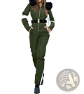 Women quilted fur hood ski jumpsuit in olive green and white with black fur-trimmed hood zipper and side pockets