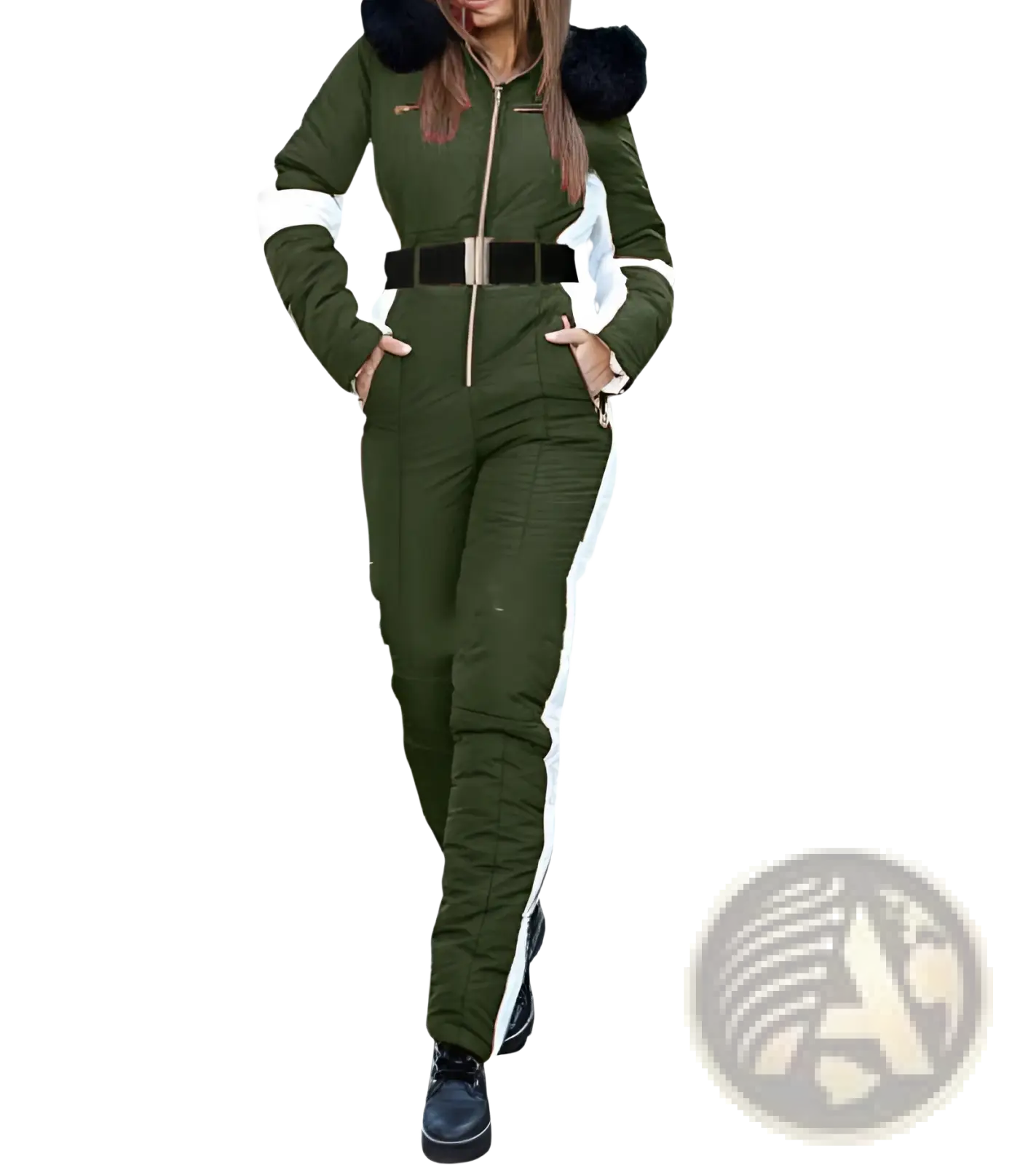 Women quilted fur hood ski jumpsuit in olive green and white with black fur-trimmed hood zipper and side pockets