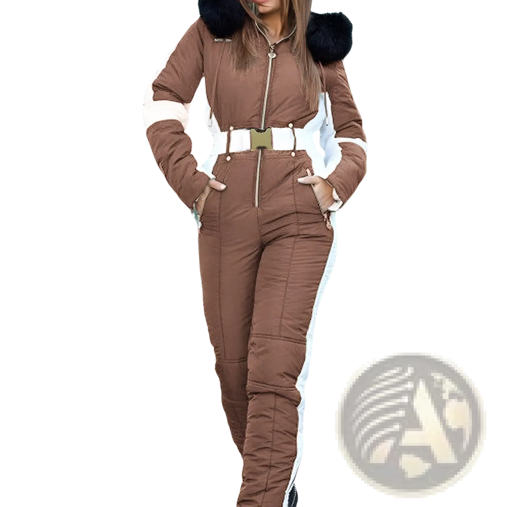 Women quilted fur hood ski jumpsuit in brown and white with black fur-lined hood designed for winter wear