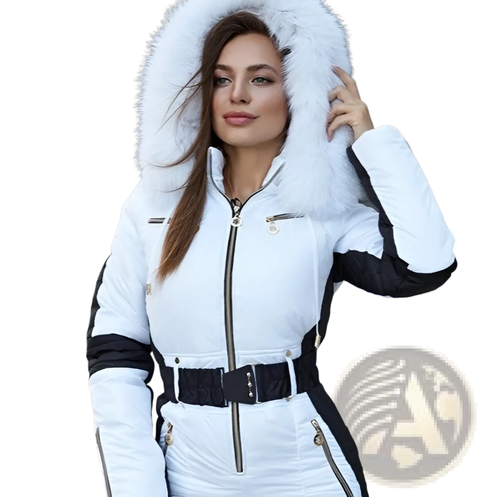 White and black women quilted puffer jacket with a fluffy white fur-lined hood for ski jumpsuit use