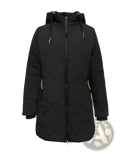 Women quilted hooded winter jacket in black with tan zipper pulls and front zip closure for cold weather use