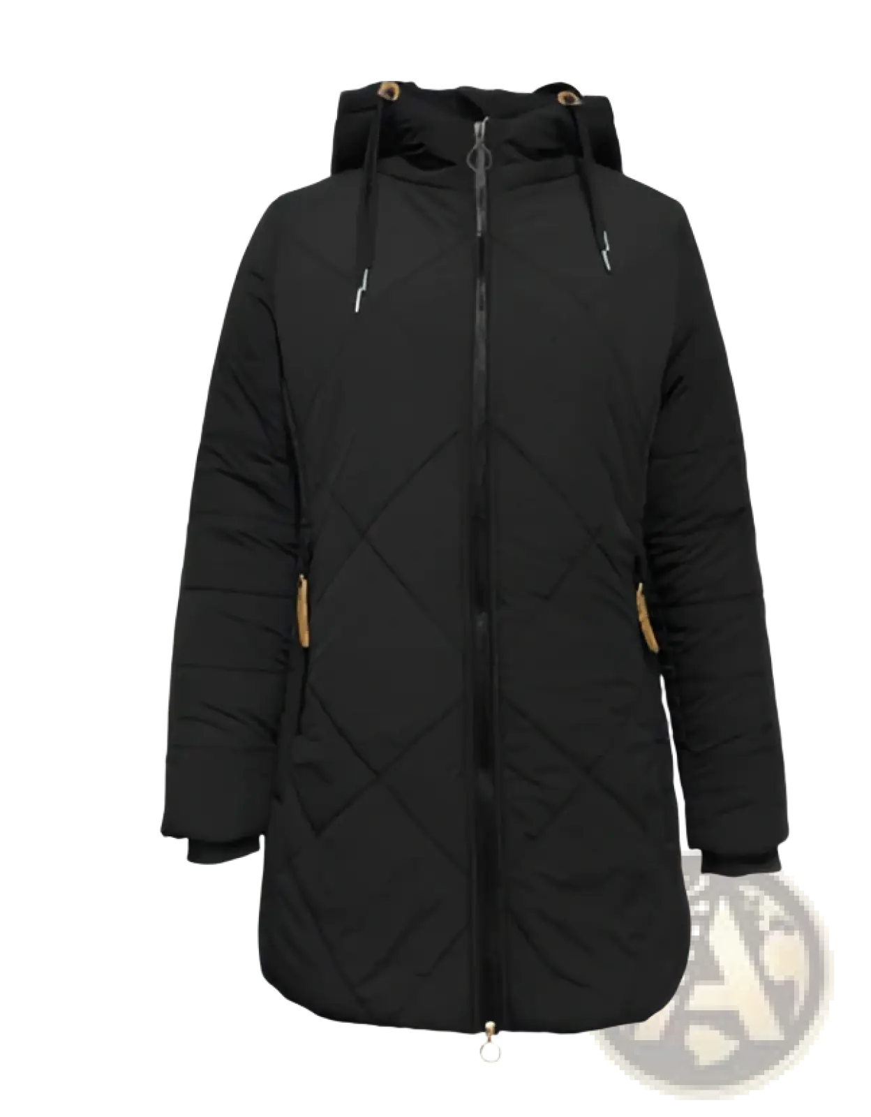 Women quilted hooded winter jacket in black with tan zipper pulls and front zip closure for cold weather use