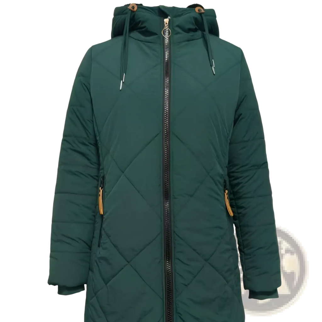 Women quilted hooded winter jacket in dark green with black zipper and tan pull tabs on pockets for cold weather use