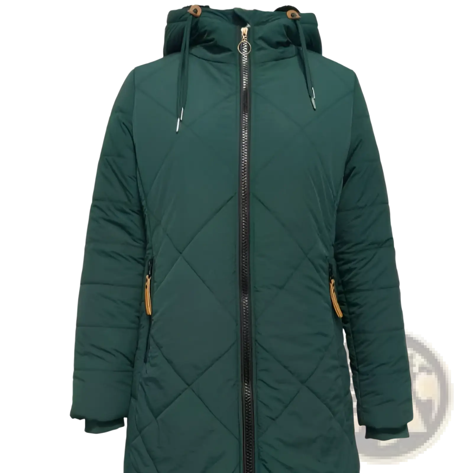 Women quilted hooded winter jacket in dark green with black zipper and tan pull tabs on pockets for cold weather use