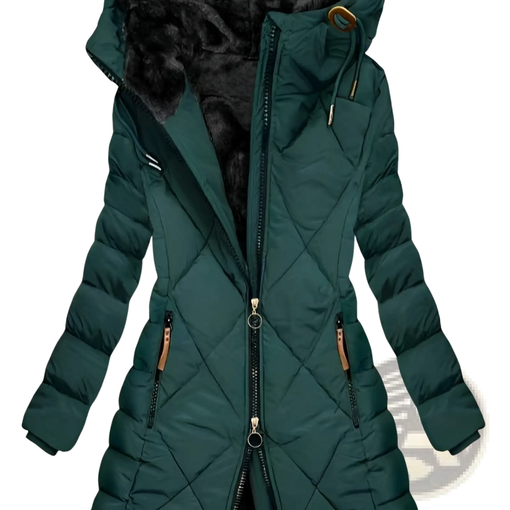 Women quilted hooded winter jacket in dark green with fur-lined hood and gold-tone zipper pulls for cold weather