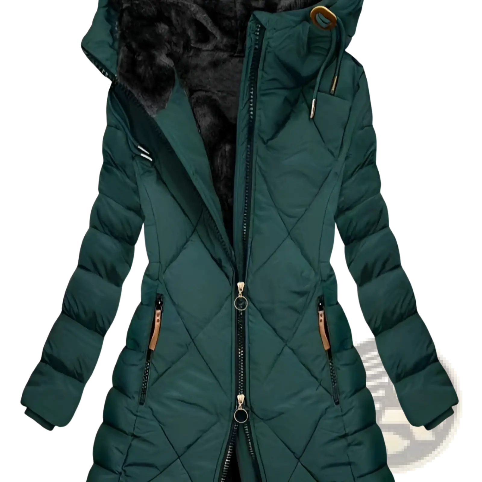 Women quilted hooded winter jacket in dark green with fur-lined hood and gold-tone zipper pulls for cold weather