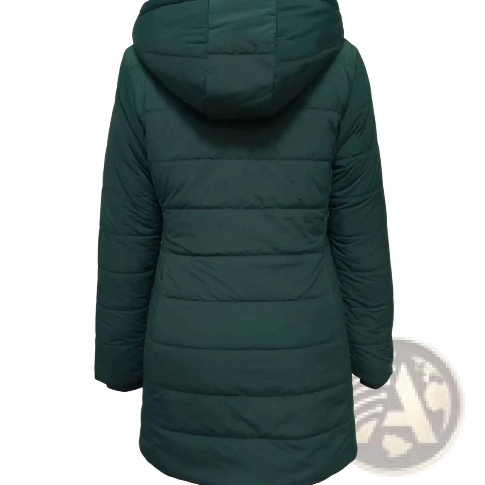 Women quilted hooded winter jacket in dark green with horizontal stitching and a tapered silhouette
