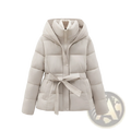 Beige quilted hooded winter puffer coat with a matching belt tied at the waist for women