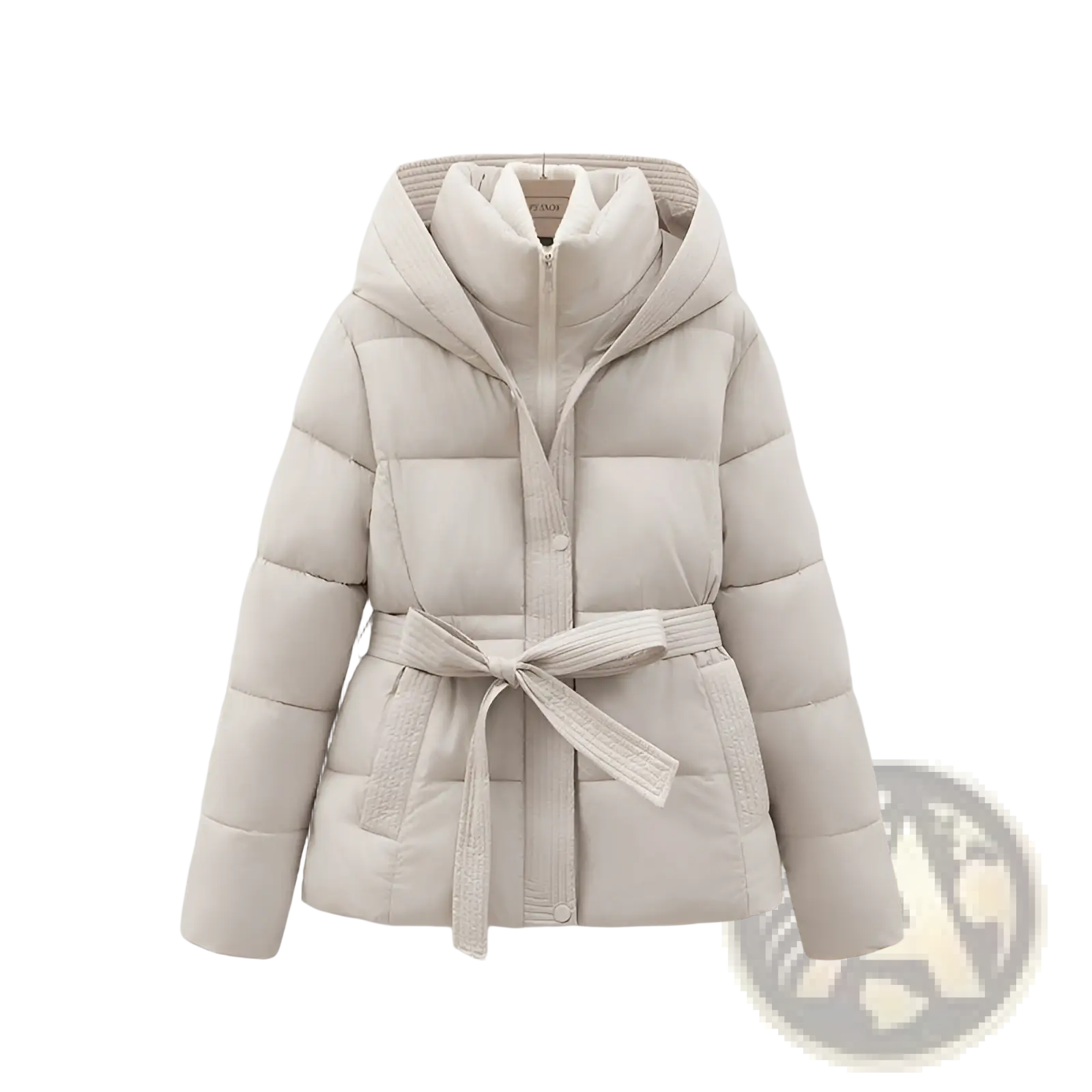 Beige quilted hooded winter puffer coat with a matching belt tied at the waist for women