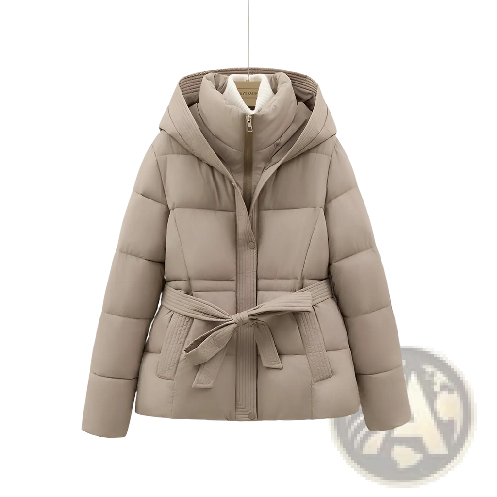 Beige quilted hooded winter puffer coat for women with a matching belt tied at the waist for a fitted look