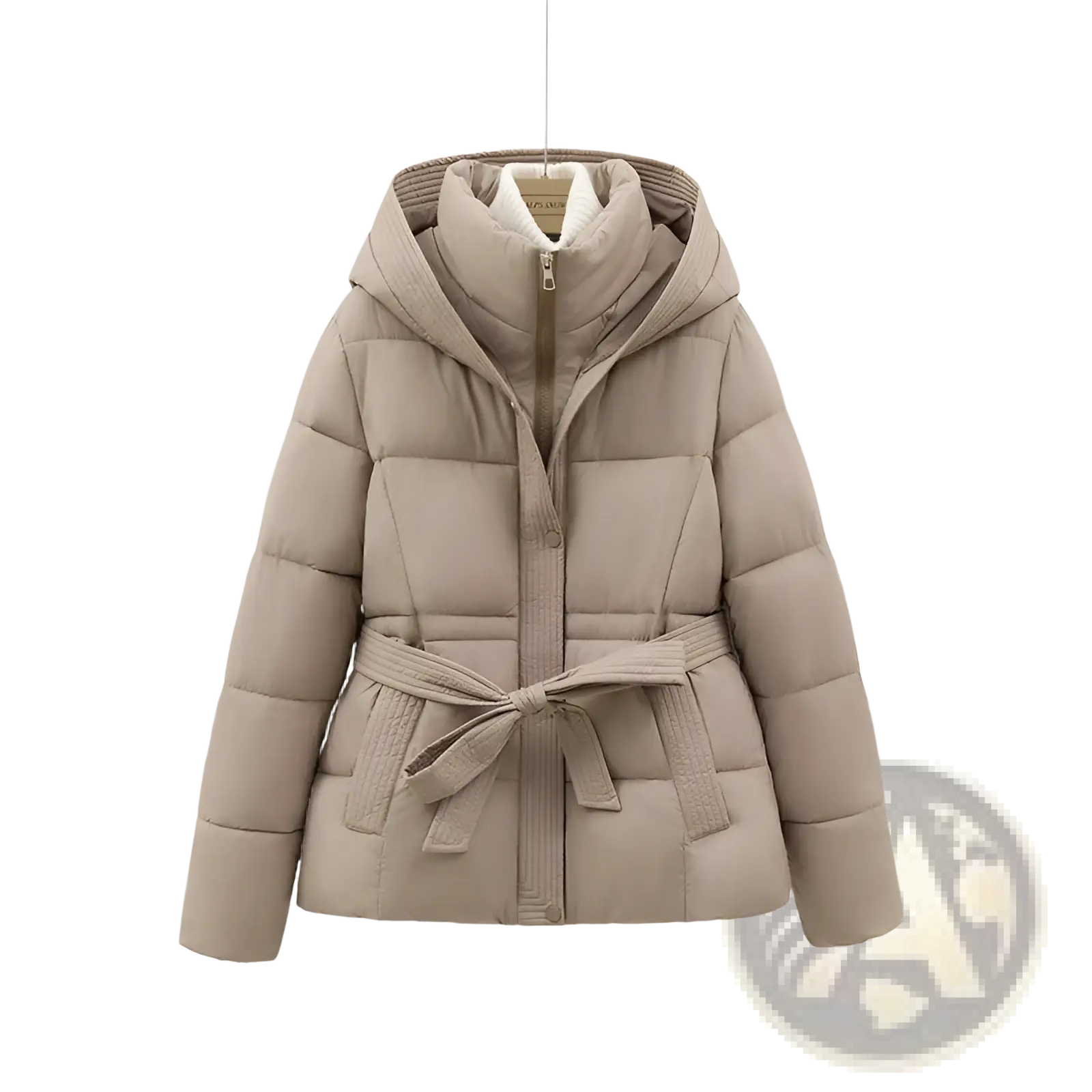 Beige quilted hooded winter puffer coat for women with a matching belt tied at the waist for a fitted look