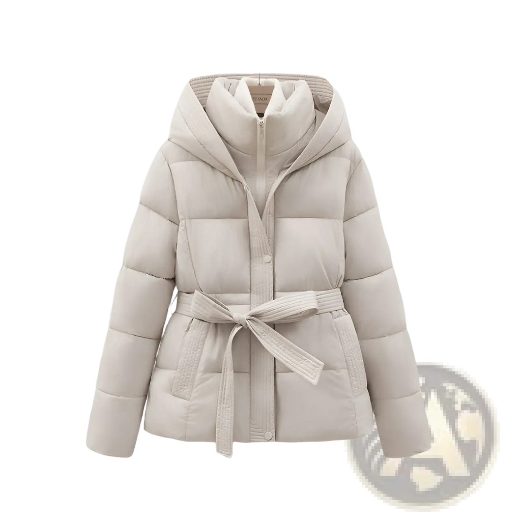 Beige quilted hooded winter puffer coat for women with a matching belt tied at the waist