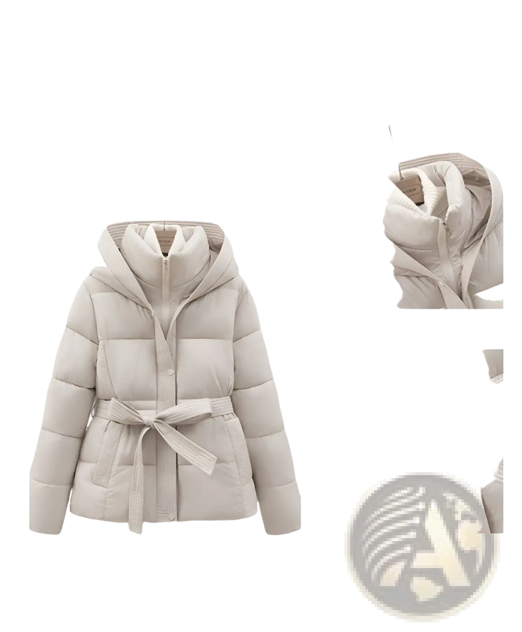 Beige quilted hooded winter puffer coat for women with a matching belt tied at the waist