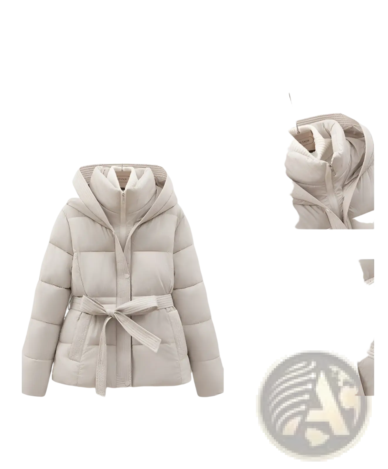 Beige quilted hooded winter puffer coat for women with a matching belt tied at the waist
