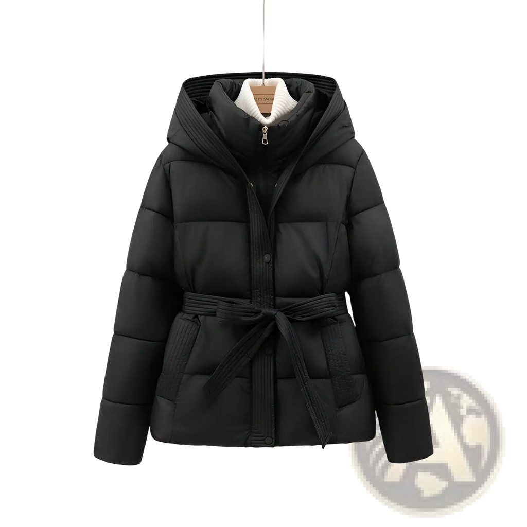 Black quilted hooded winter puffer coat for women with matching belt and ribbed trim for warmth and style
