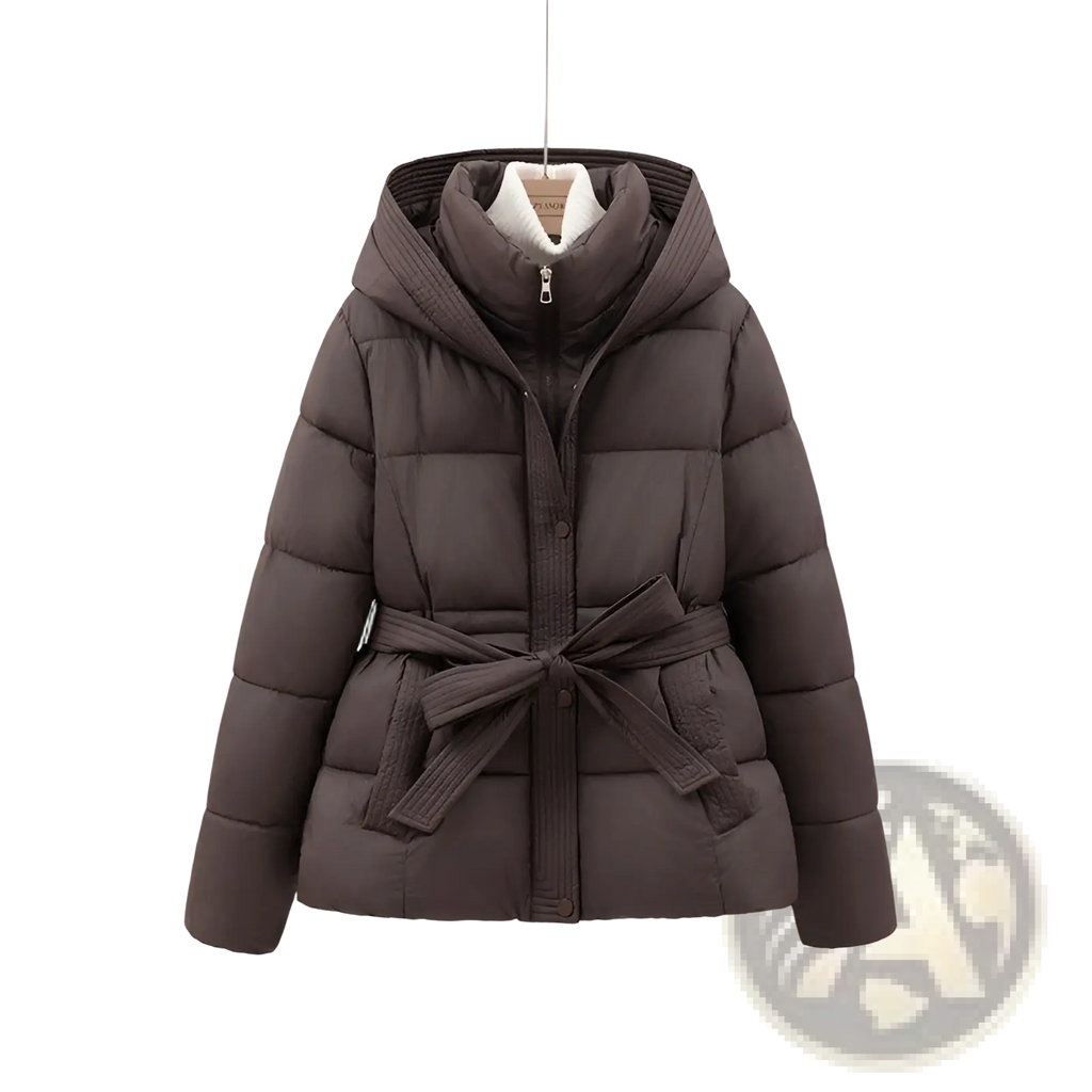 Women quilted hooded winter puffer coat in dark brown with ribbed belt and plush white lining for cold weather