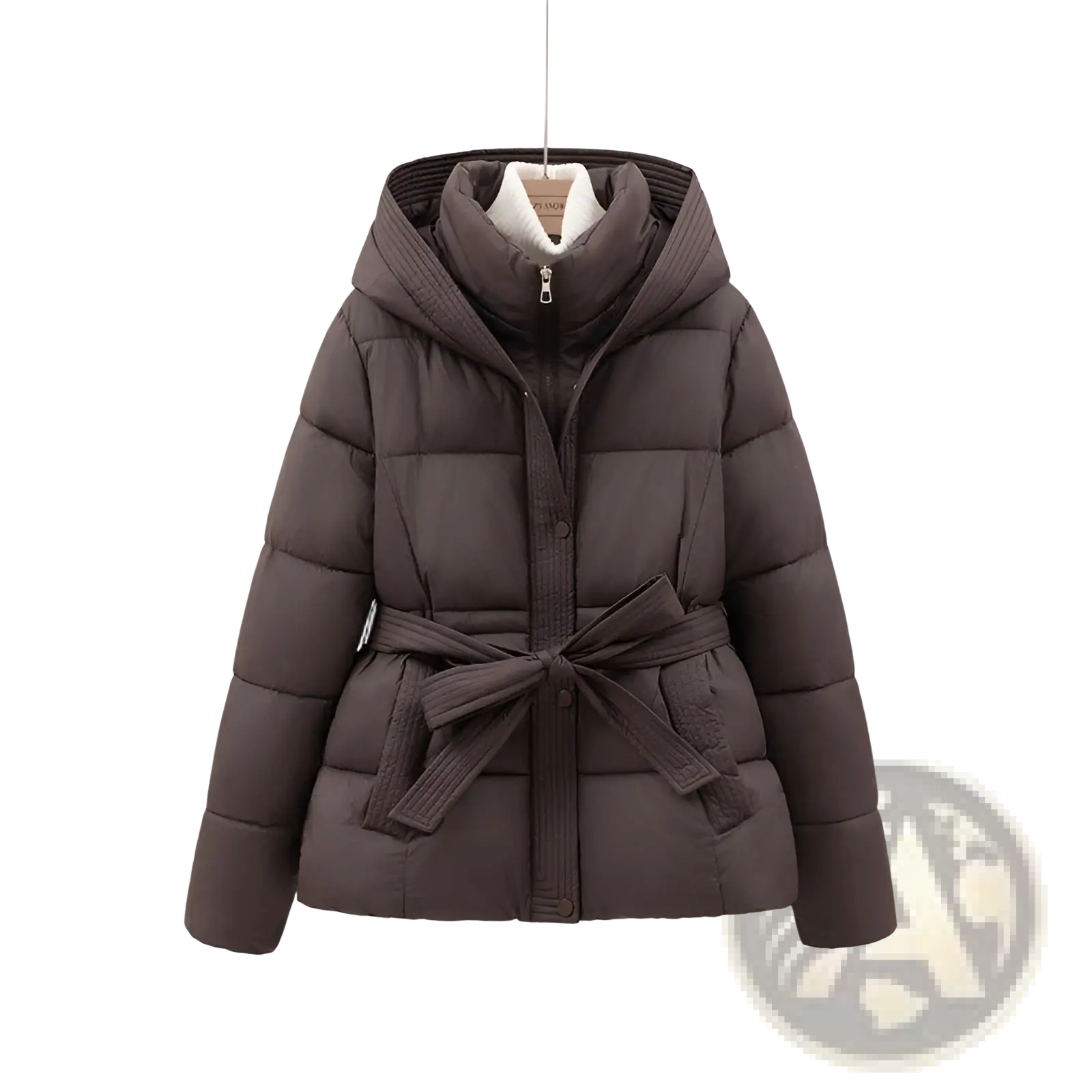 Women quilted hooded winter puffer coat in dark brown with ribbed belt and plush white lining for cold weather