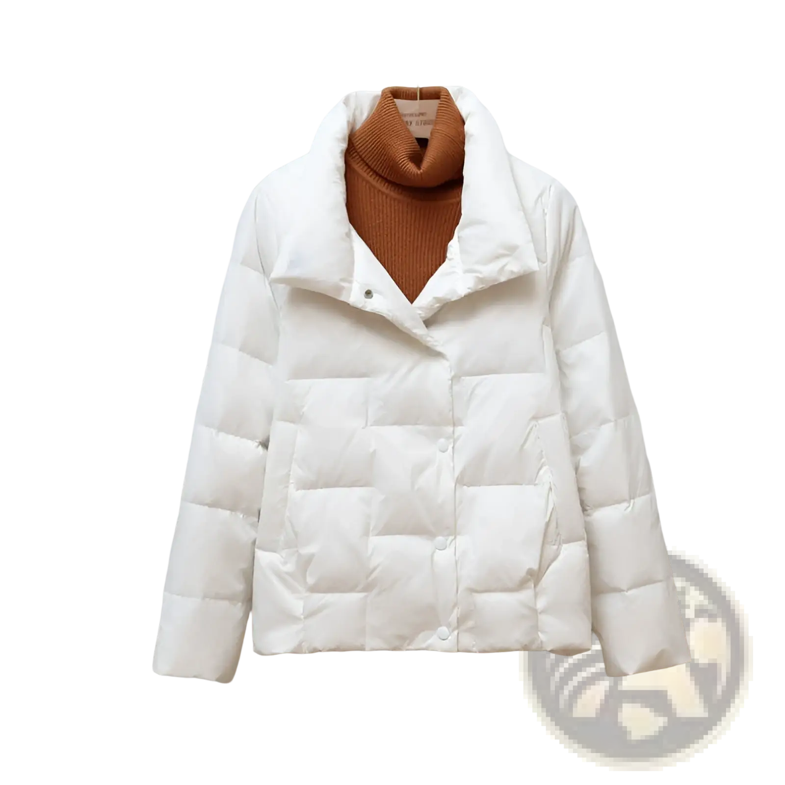 Women quilted lightweight white down puffer jacket with high collar and button closure worn over orange turtleneck