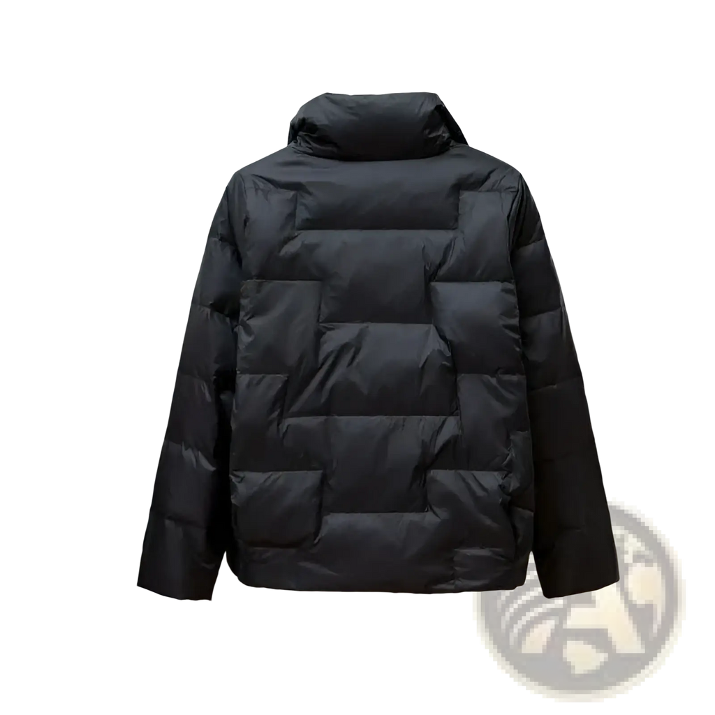 Black women quilted lightweight puffer jacket featuring a high collar and quilted panels for added warmth