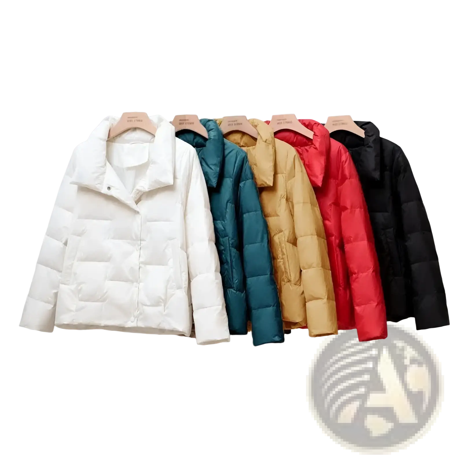 A row of women quilted lightweight puffer jackets in white teal mustard yellow red and black hanging on wooden hangers