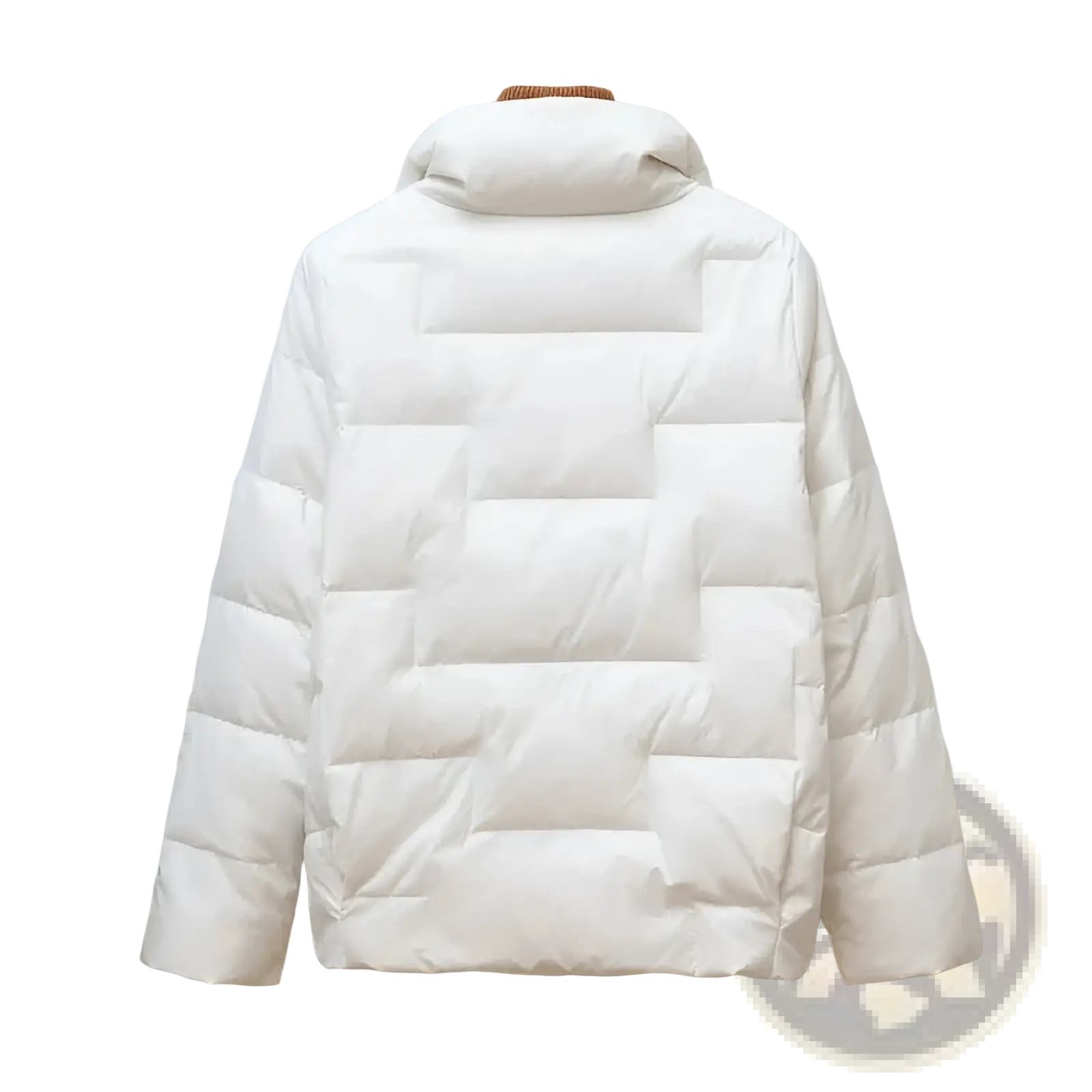 White quilted lightweight puffer jacket for women with high collar and padded sleeves made from down material