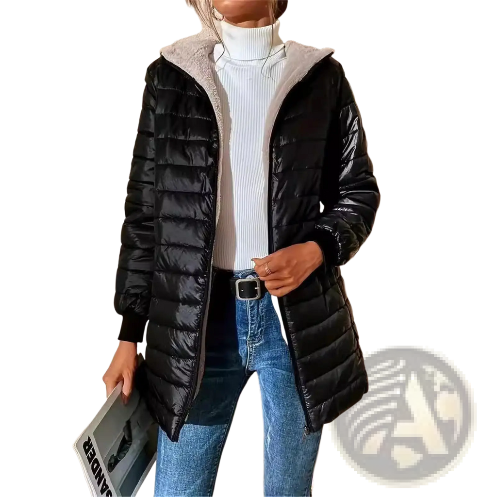Black quilted puffer jacket for women with a plush gray fleece-lined hood and warm insulated design