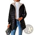 Black quilted puffer jacket for women with a plush gray fleece-lined hood and warm insulated design
