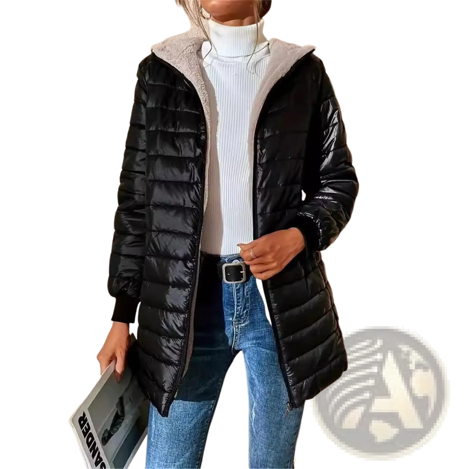 Black quilted puffer jacket for women with a plush gray fleece-lined hood and warm insulated design