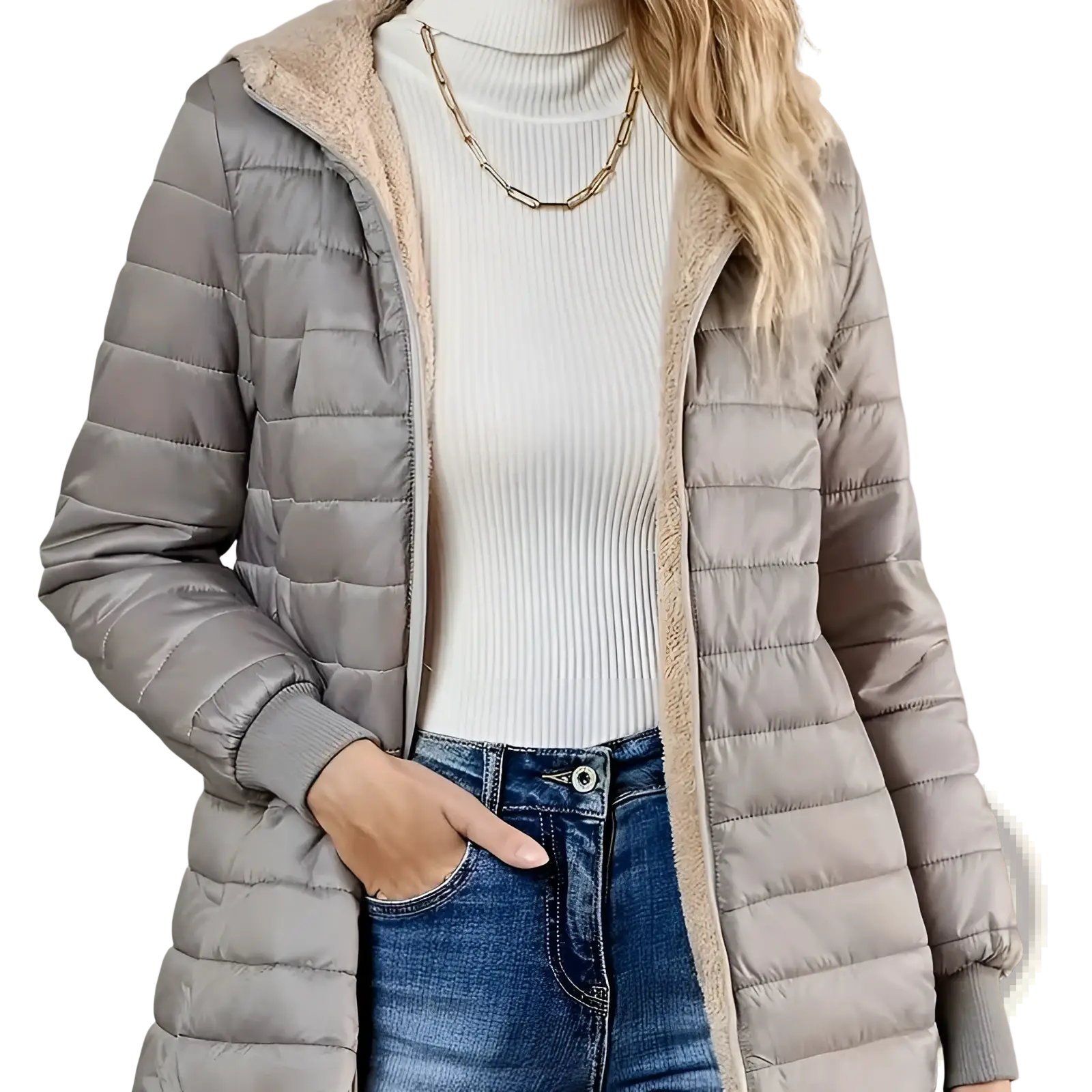 Women quilted puffer jacket in gray with plush beige fleece-lined hood and cuffs for warmth and style