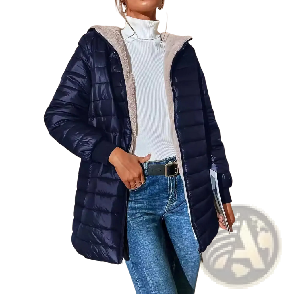 Women quilted navy blue puffer jacket with fleece-lined hood and plush gray shearling trim for added warmth