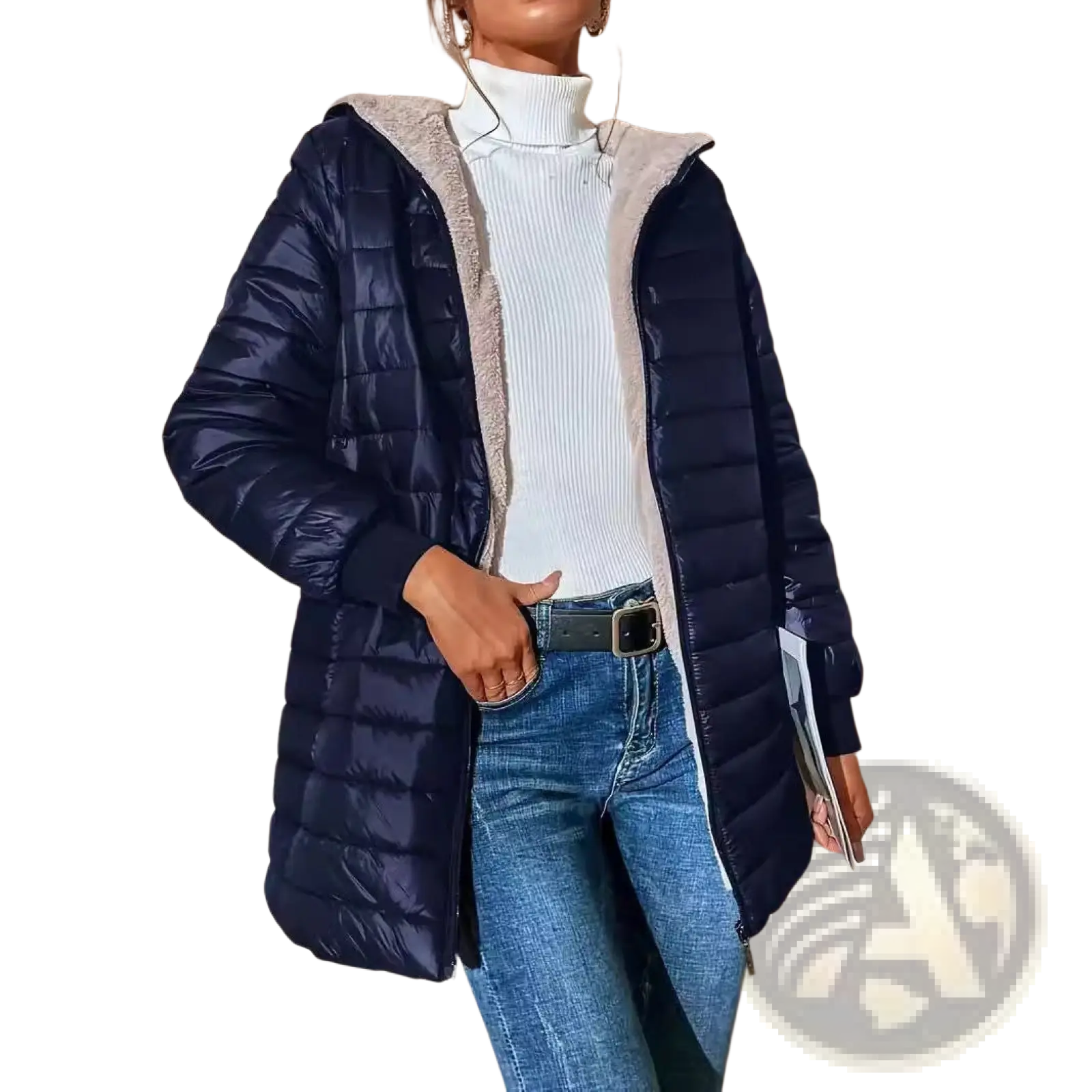 Women quilted navy blue puffer jacket with fleece-lined hood and plush gray shearling trim for added warmth