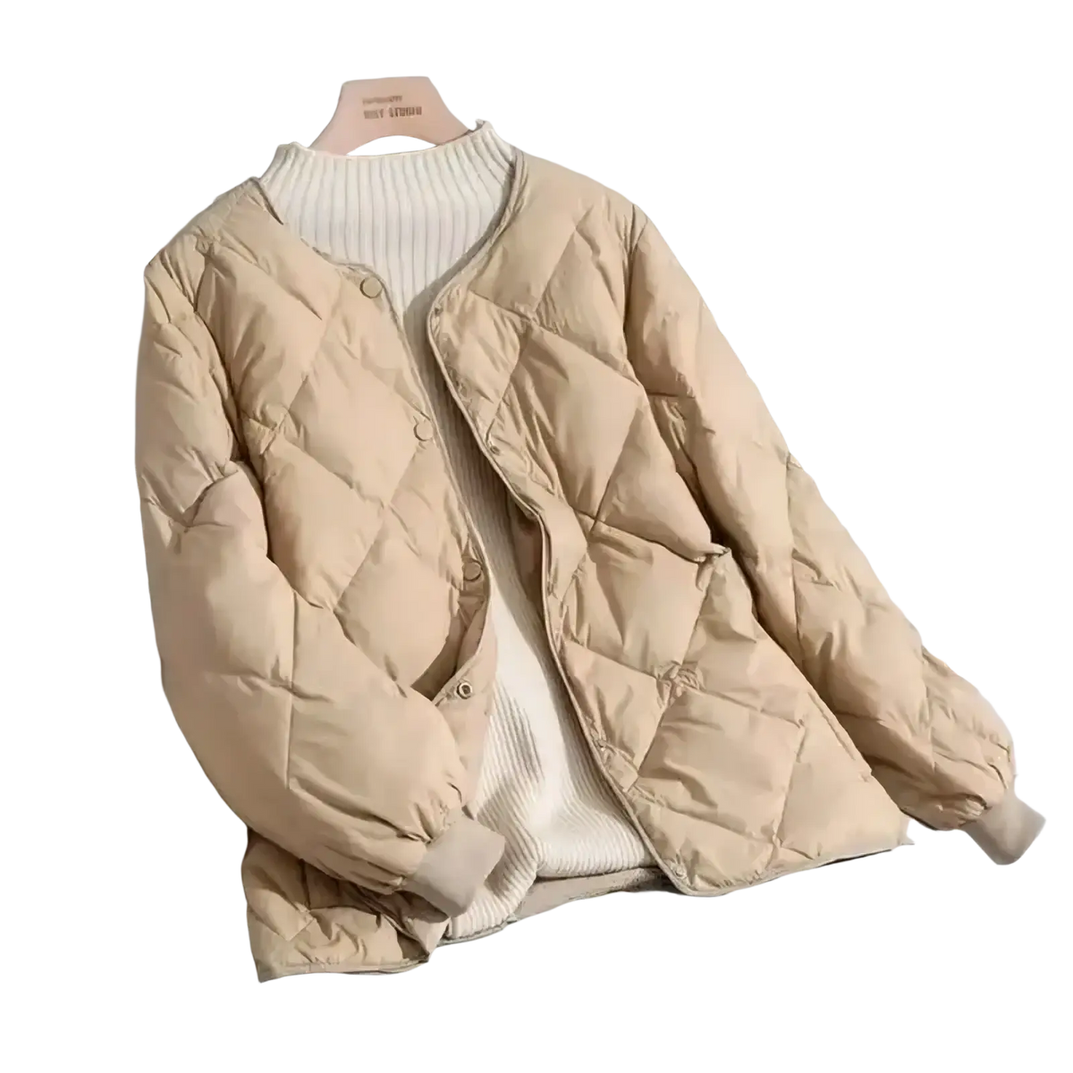 Beige women quilted puffer jacket with soft padded texture and button closure lightweight winter coat