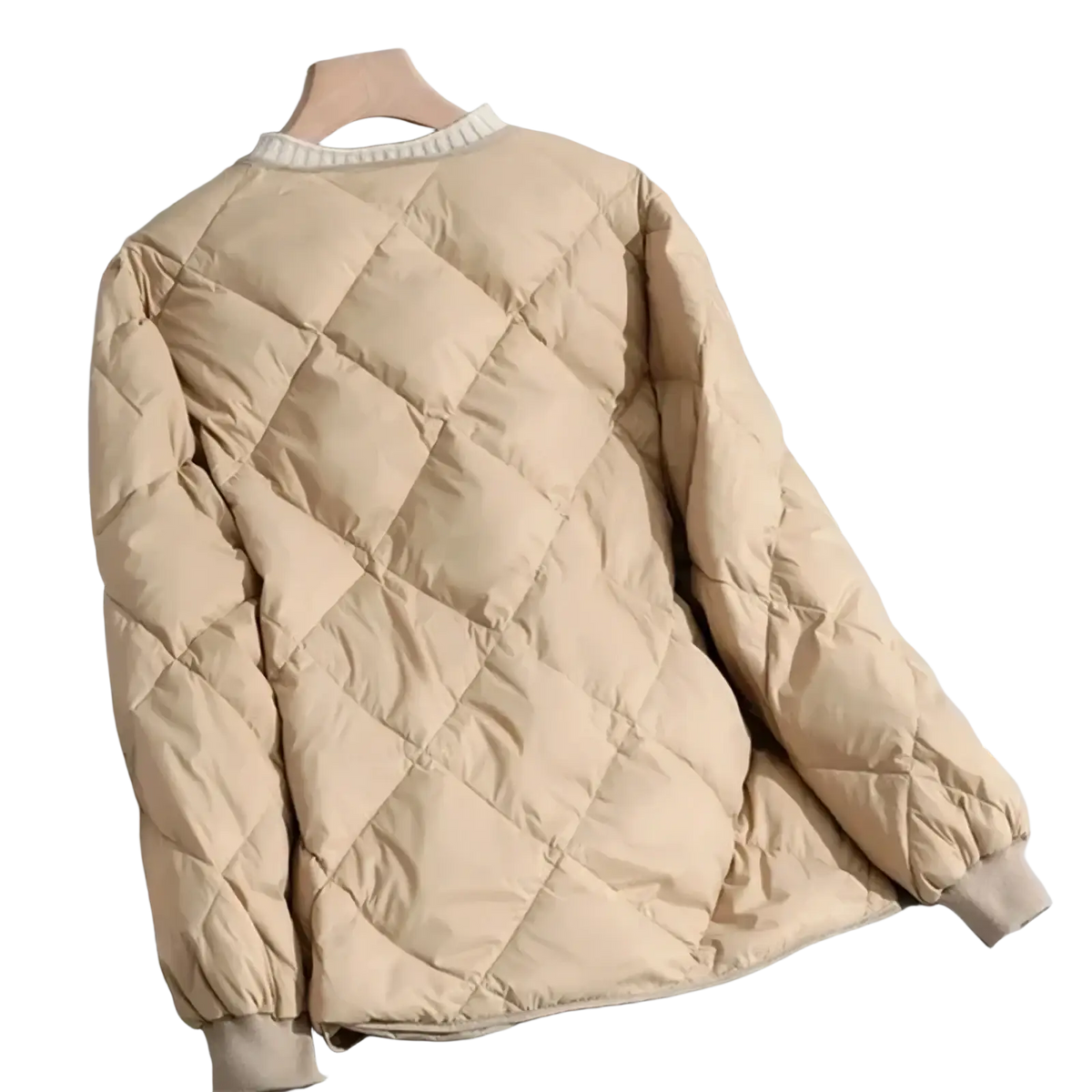 Beige lightweight women quilted puffer jacket with ribbed collar and cuffs ideal for winter wear