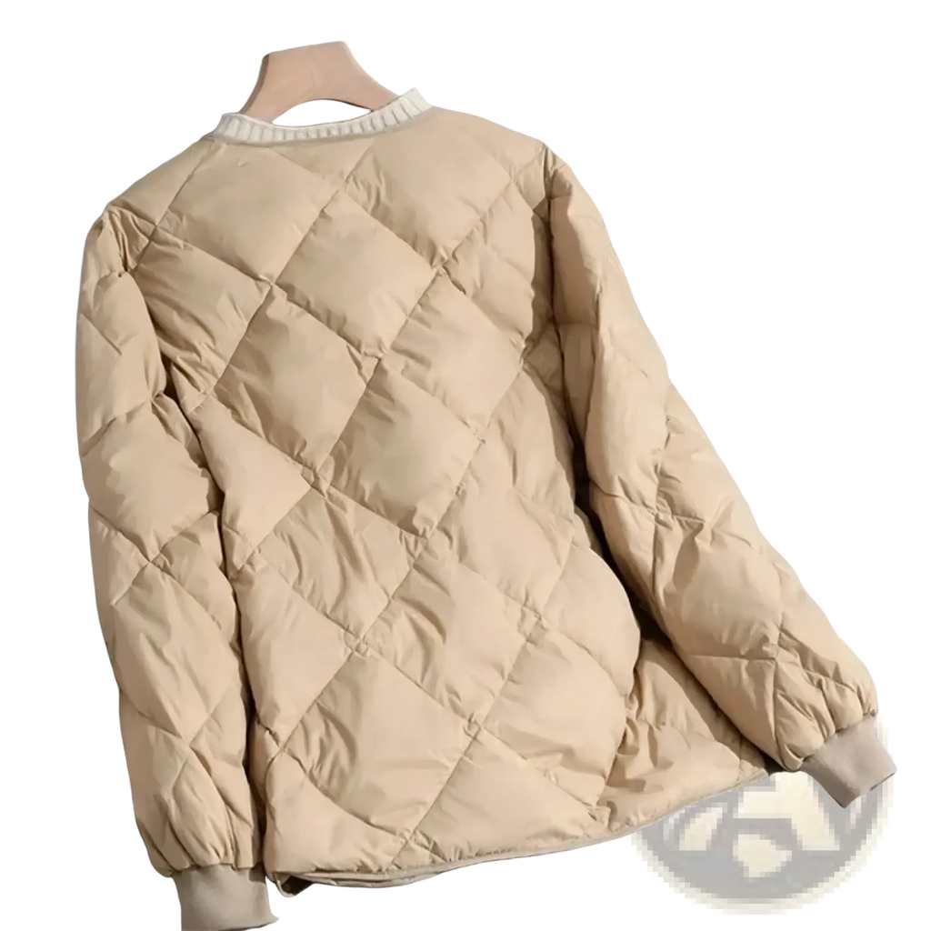 Beige lightweight women quilted puffer jacket with ribbed collar and cuffs ideal for winter wear