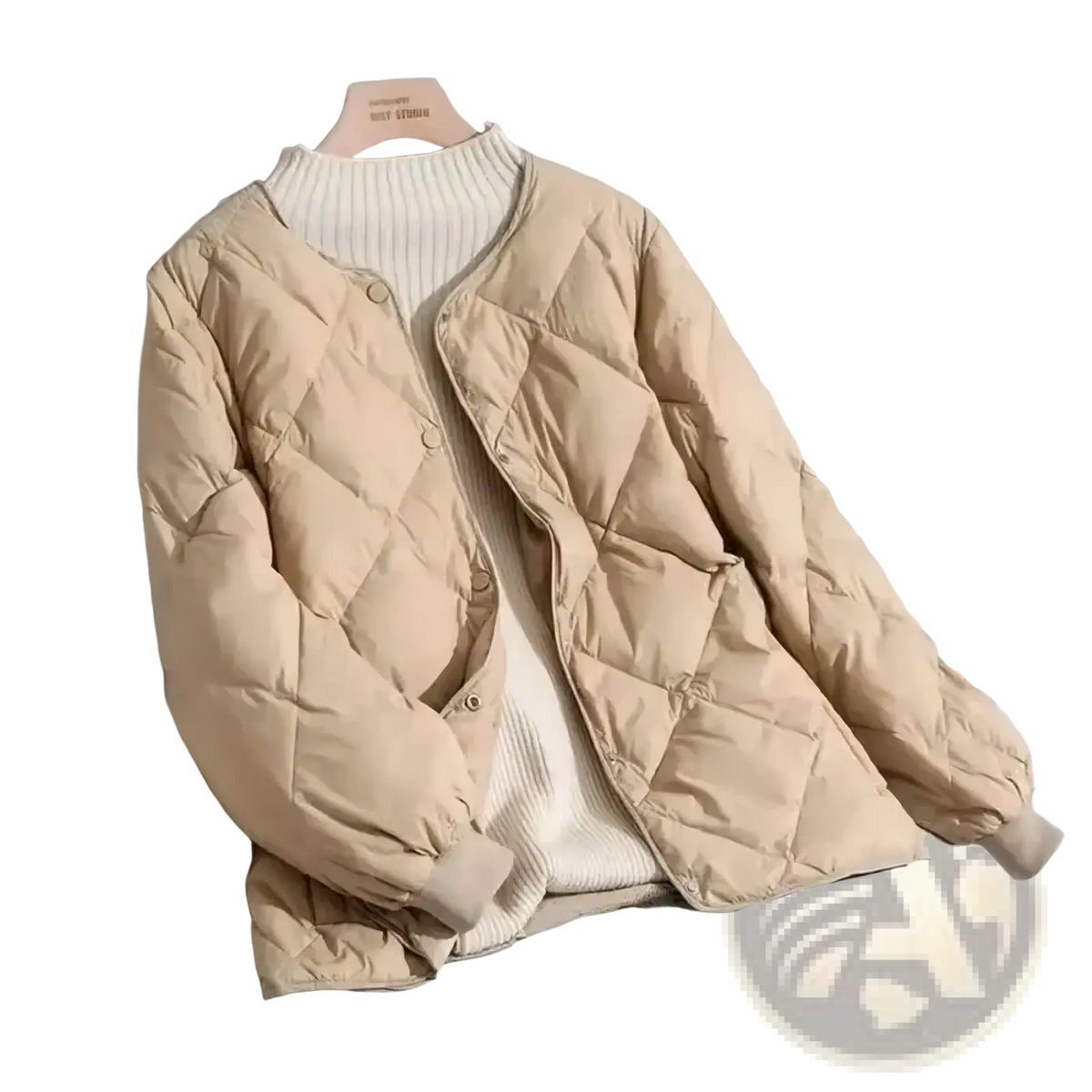 Beige women quilted puffer jacket with soft padded texture and button closure lightweight winter coat