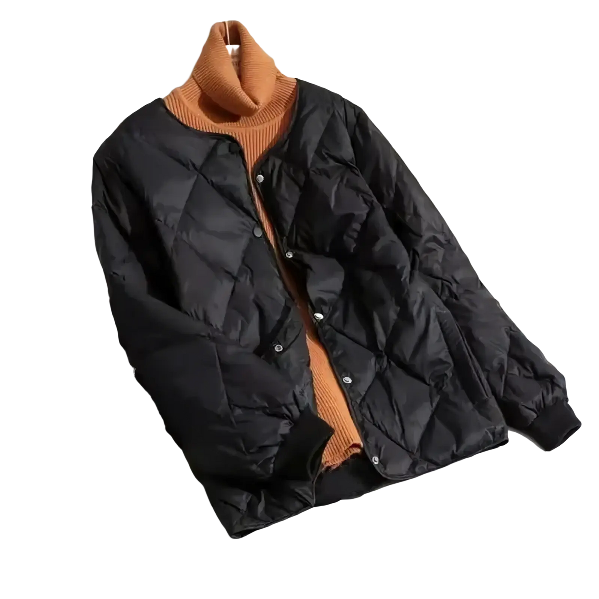 Black quilted lightweight puffer jacket with silver buttons and high collar worn over orange turtleneck winter coat for women