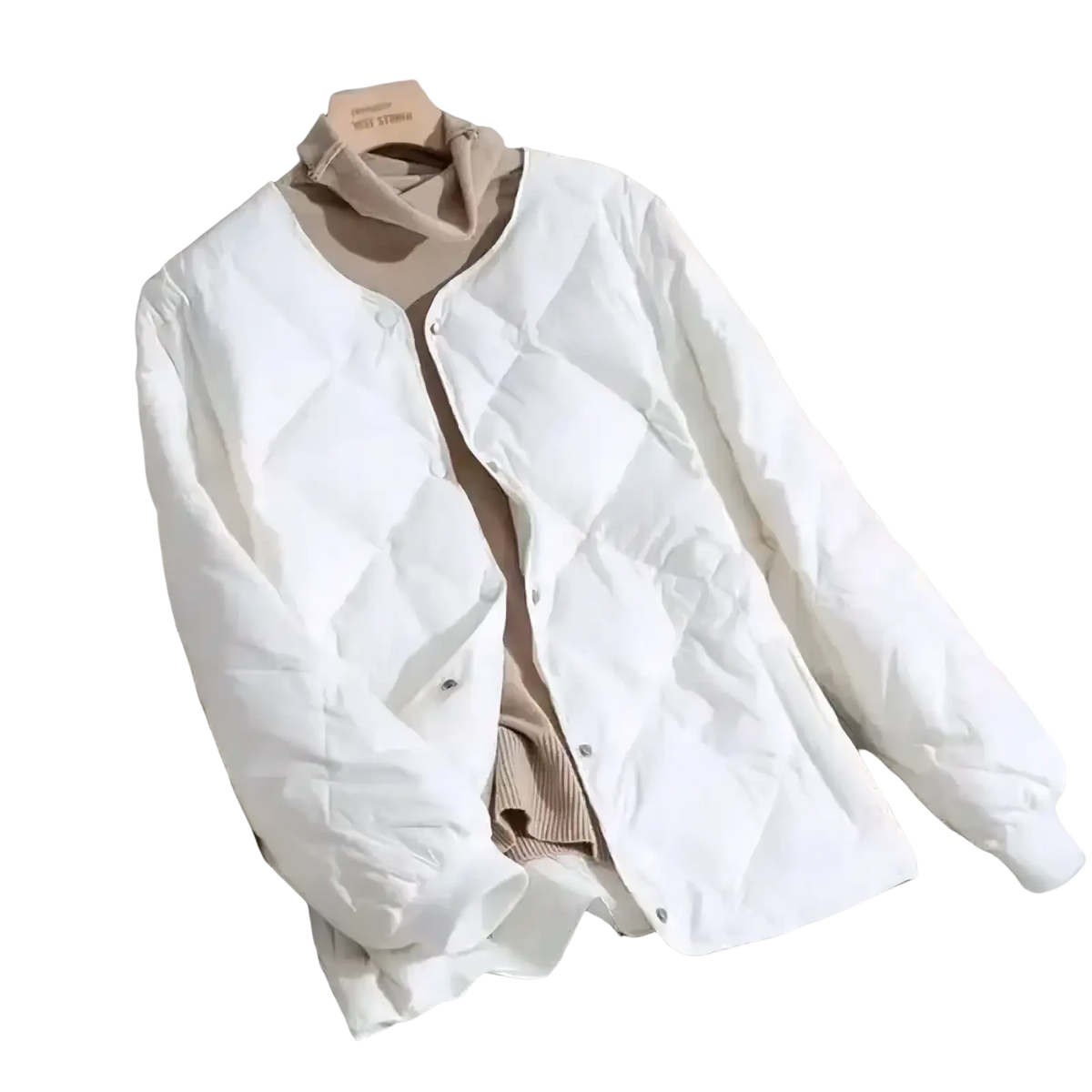 White quilted puffer jacket with soft padded texture and button closure for lightweight winter wear for women