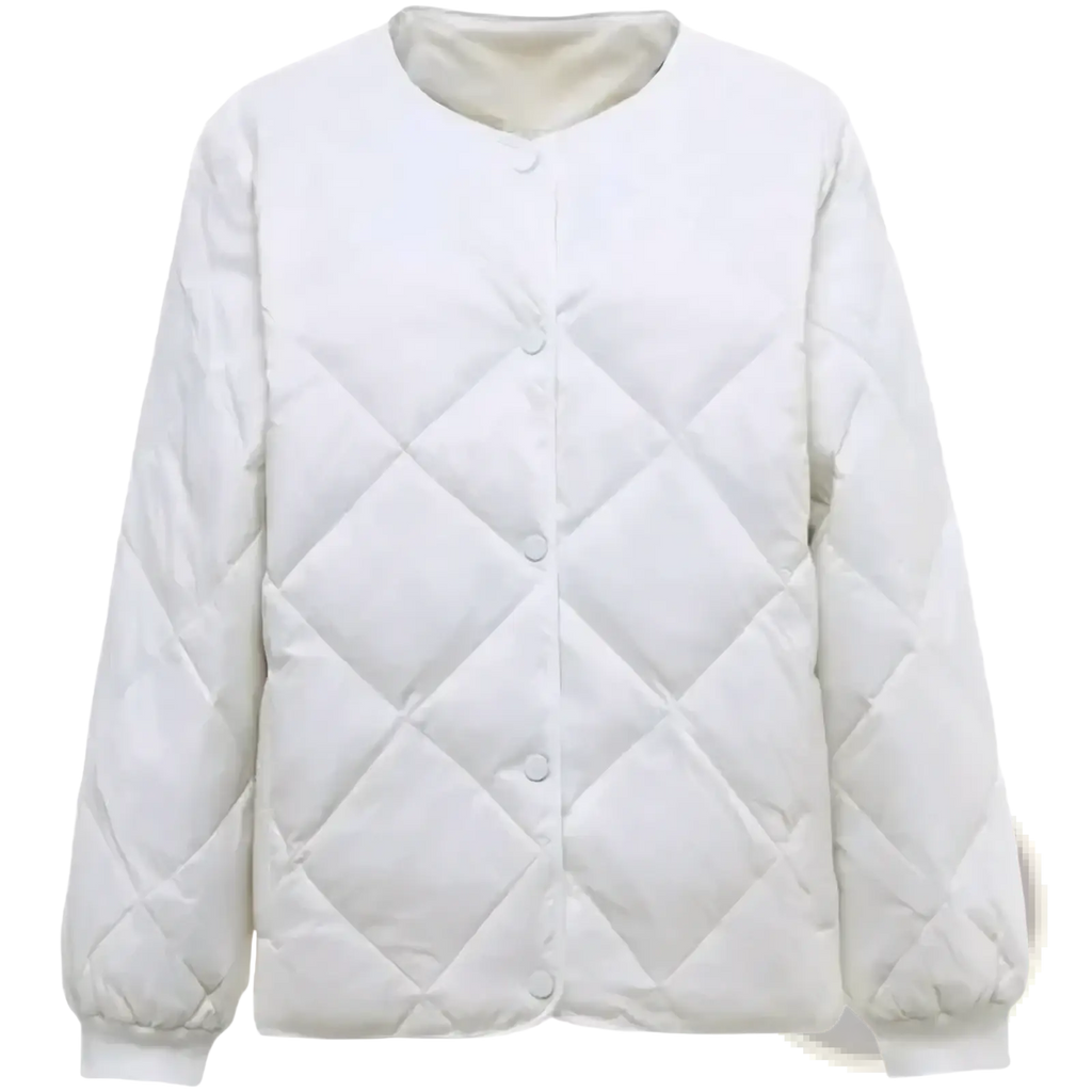 Women quilted puffer jacket white lightweight winter coat with soft plush interior and button closure