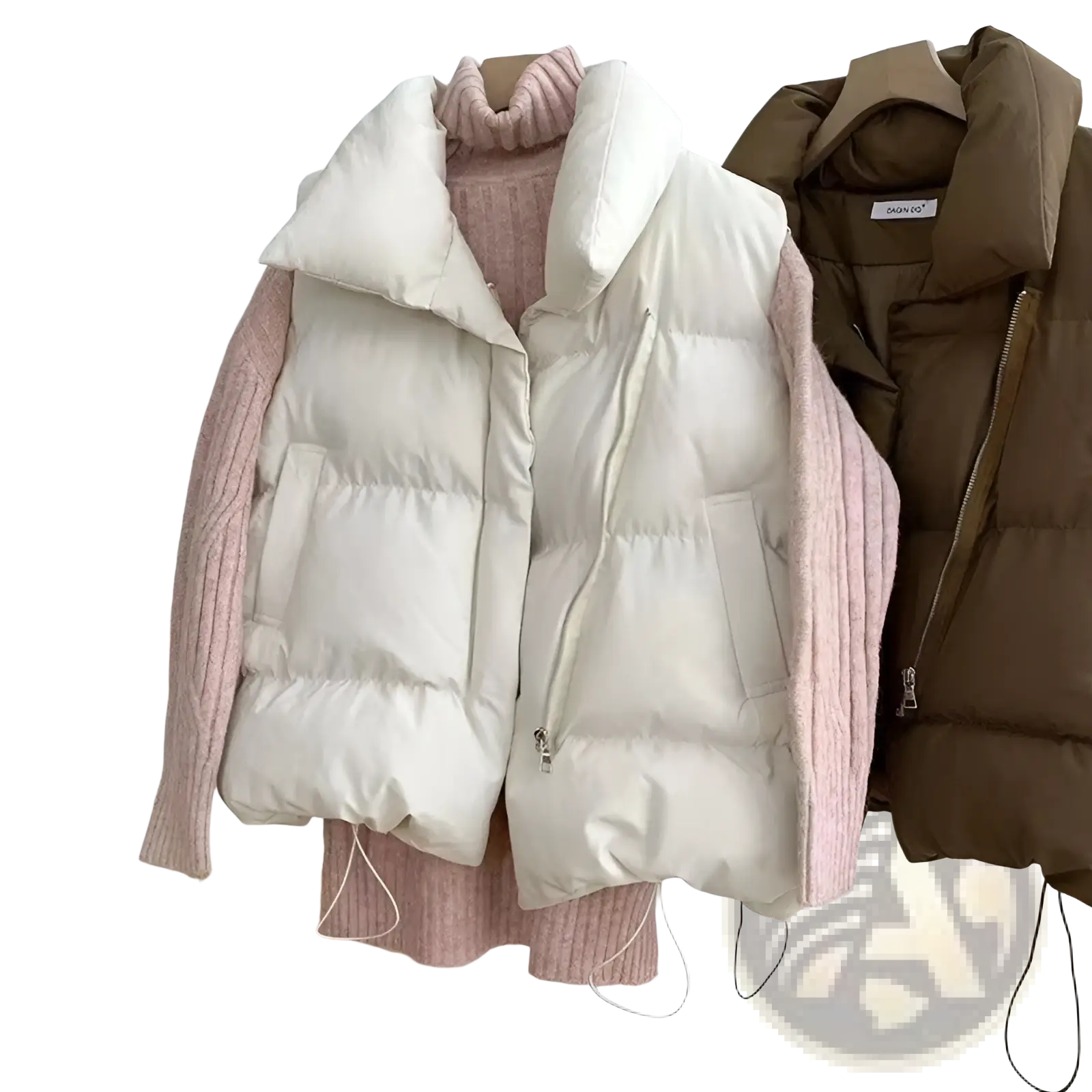 Women quilted puffer vest in cream color with high collar and front zipper worn over pink knit sweater