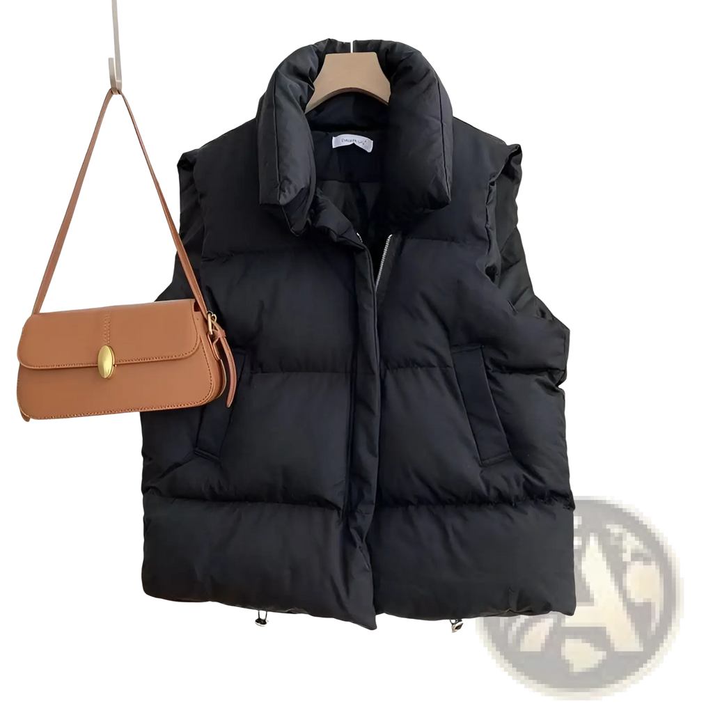Black quilted puffer vest with high collar and front zipper designed as loose sleeveless outerwear for women