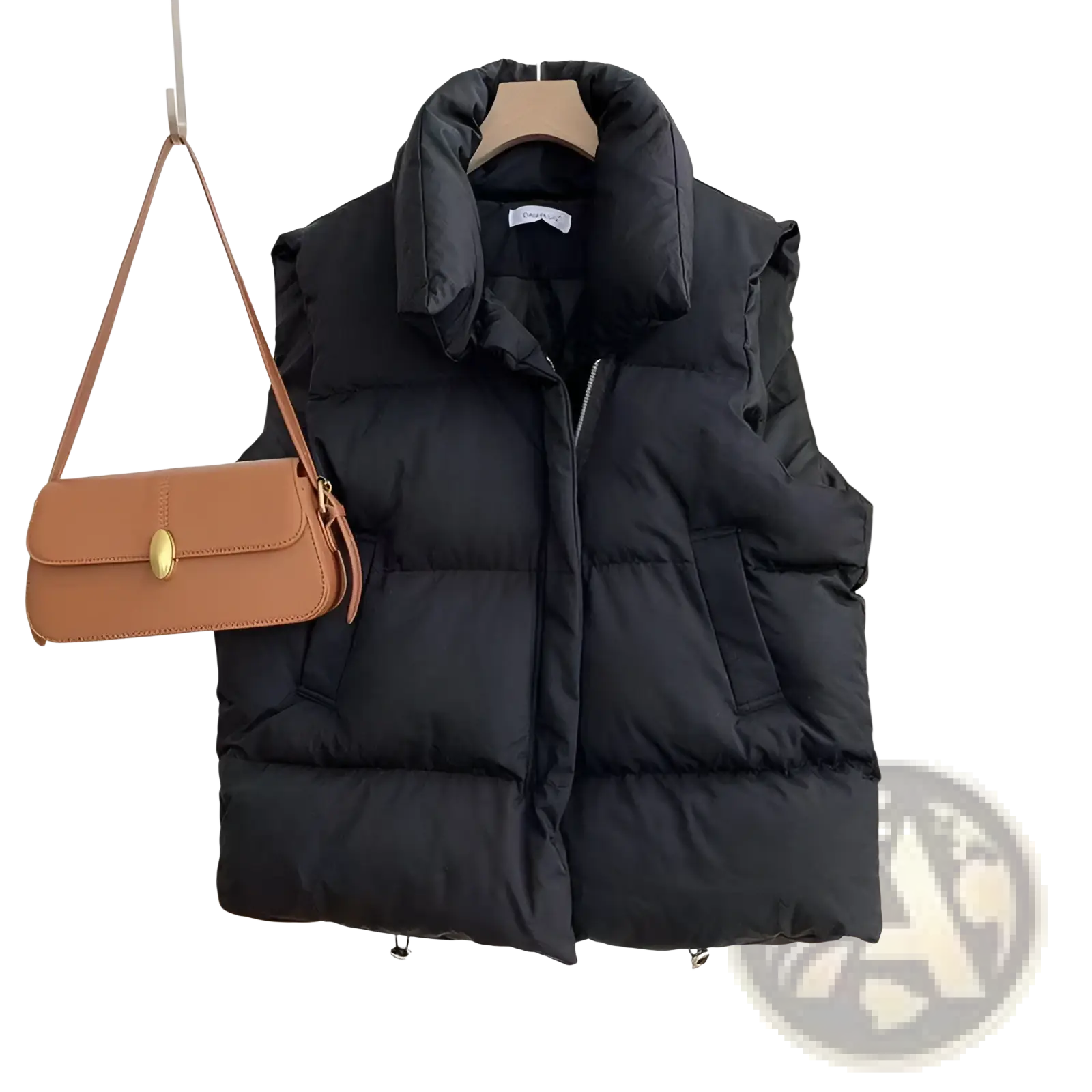 Black quilted puffer vest with high collar and front zipper designed as loose sleeveless outerwear for women