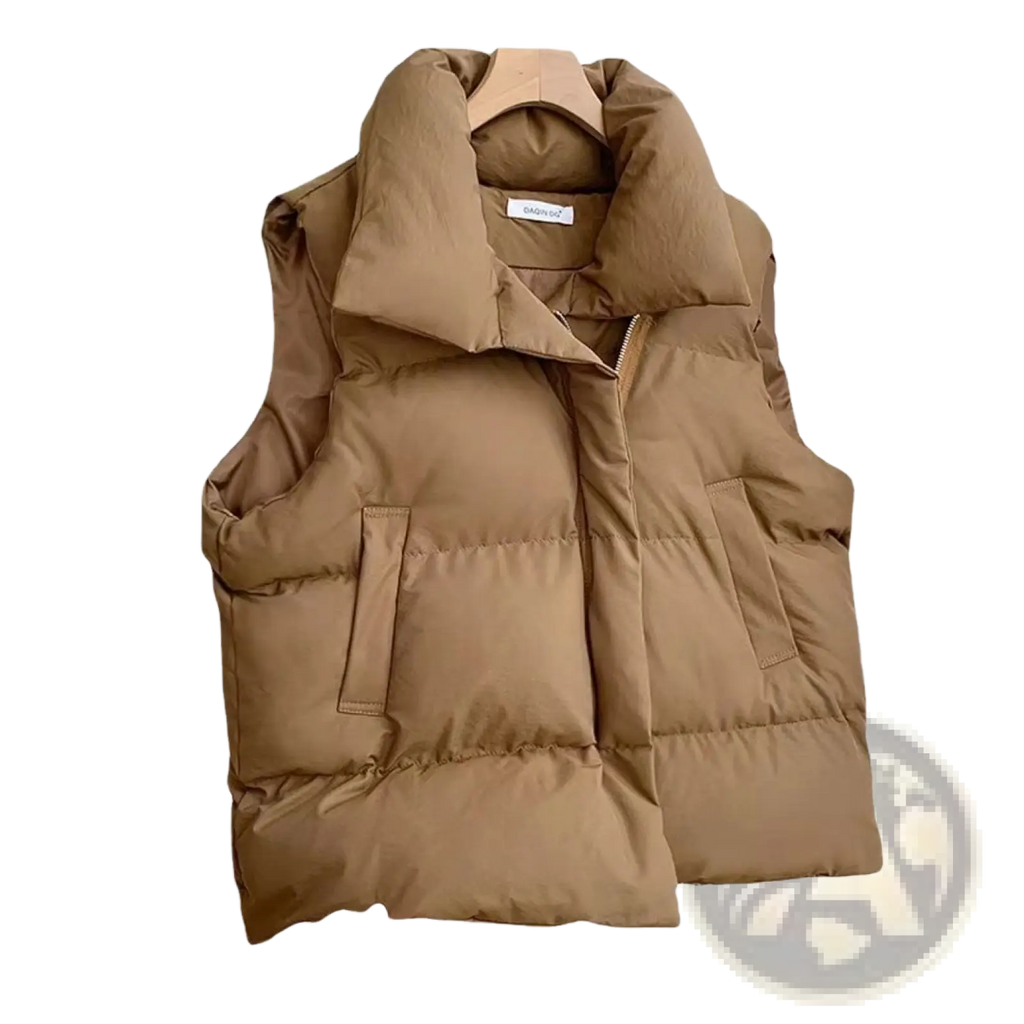 A cozy camel-colored women quilted puffer vest with a loose fit, sleeveless design, and two front pockets